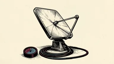 Starlink service in Ukraine: a rectangular satellite dish next to a control dial set to a low position, representing the proposal to slow data speeds.