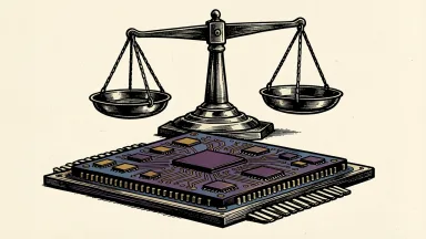 Intel stock upgraded to neutral: a large computer processor chip sits before a balanced scale, representing improved risk-reward.