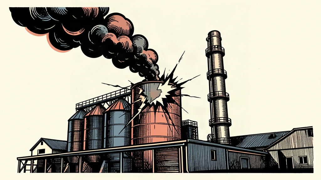 An editorial illustration showing a damaged oil refinery silo with smoke rising from a rupture.