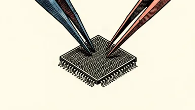 An editorial illustration of a tiny microchip being handled by precision tweezers to represent a leap in processor miniaturization.