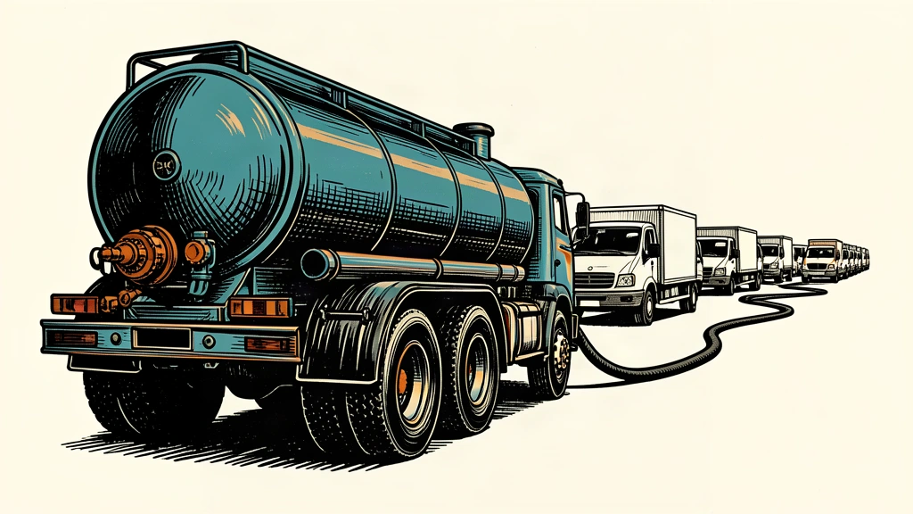 An editorial illustration showing a large fuel tanker connected to a long line of delivery vans by a single cable, representing the spread of fuel costs through distribution.