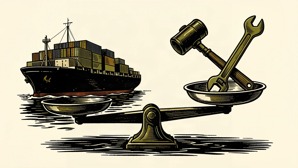 An editorial illustration showing a large cargo ship on one side of a balance scale being countered by heavy industrial tools on the other.