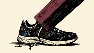 Nike stock under pressure following a rating downgrade: a single athletic sneaker is being pressed down by a heavy descending block.