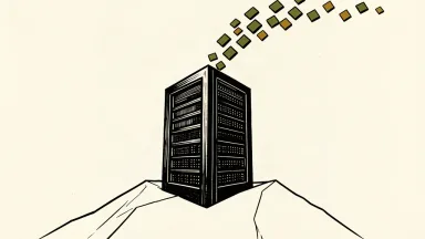 A solid server monolith stands on a rising slope as a stream of data tiles ascends toward it.
