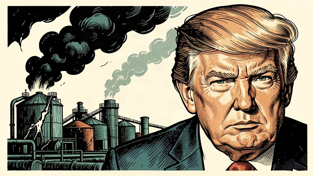 An editorial illustration showing a portrait of Donald Trump next to a scene of industrial destruction and rising smoke. Identity photo references adapted into illustration: Daniel Torok (Public domain; https://commons.wikimedia.org/wiki/File:Official_Presidential_Portrait_of_President_Donald_J._Trump_(2025).jpg); source https://commons.wikimedia.org/wiki/File:Official_Presidential_Portrait_of_President_Donald_J._Trump_(2025).jpg