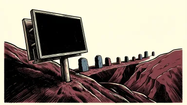 The Trade Desk stock facing a multi-year low: a blank digital billboard sliding down a steep incline past a series of stone markers.