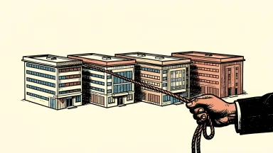 National Healthcare Properties consolidating its final four medical offices: four buildings being gathered together by a cord held by a hand.
