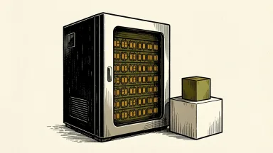 Quantinuum's quantum computer cabinet stands beside a pedestal with a symbolic cube, representing its error-correction milestone.