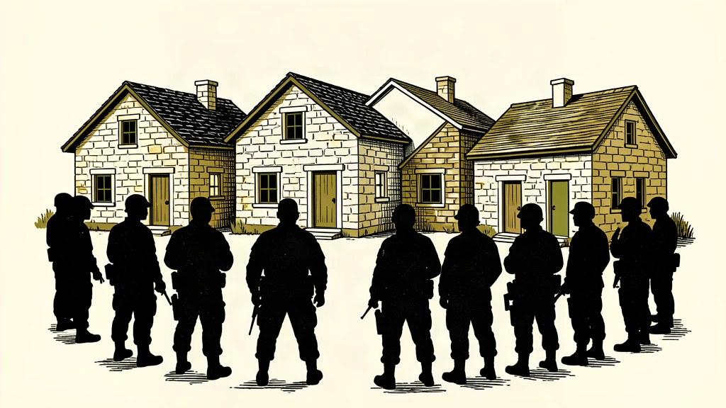 An editorial illustration showing a silhouette of soldiers standing guard around a small cluster of homes to represent a military presence protecting civilians.