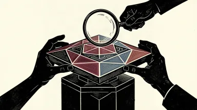 An illustration showing two hands holding a large square tile while a third independent hand inspects it with a magnifying glass.