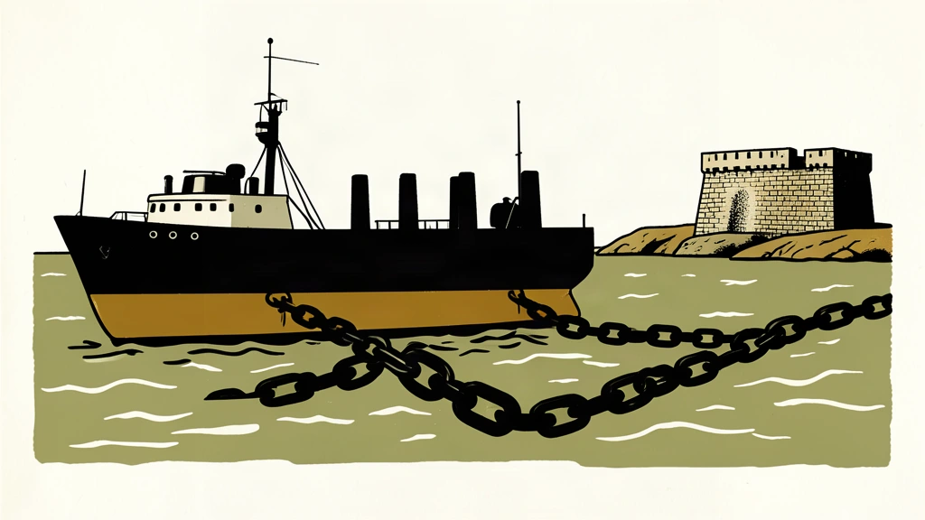 A linocut illustration of a large ship facing a heavy floating chain barrier near a stone coast.
