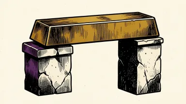 Gold Fields proposed transaction: a solid gold bar bridges the gap between two sturdy stone pillars, forming a single stable structure.