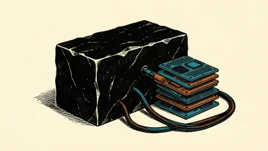 Blackstone funds plan a $9 billion investment in Anthropic chip lease debt: a large black stone block connected by a heavy cable to a stack of computer chips.