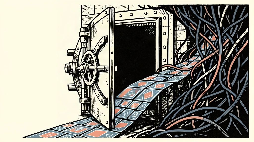 An editorial illustration showing a heavy vault door cracked open with digital tiles flowing out into a dark web of cables.