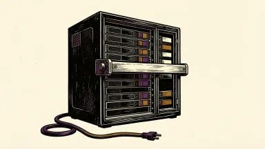 OpenAI halts model training: a heavy metal bar is bolted across the front of a server rack with a disconnected power cable on the floor.