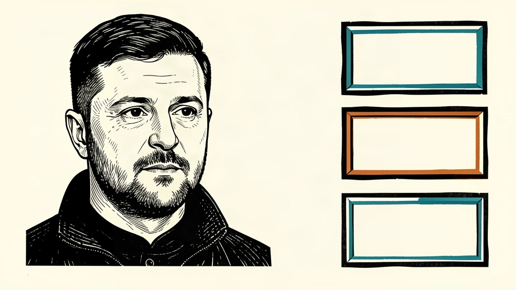 An editorial illustration showing a portrait of Zelensky next to a vertical sequence of three blank tiles representing frequent diplomatic visits. Identity photo references adapted into illustration: President Of Ukraine from Україна (CC0; http://creativecommons.org/publicdomain/zero/1.0/deed.en); source https://commons.wikimedia.org/wiki/File:2025_Volodymyr_Zelenskyy_(cropped).jpg
