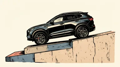 Stellantis US sales growth: a modern SUV silhouette positioned on the highest of three ascending stone blocks.