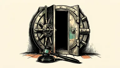 Coastal Financial facing a securities class action: a heavy bank vault door stands slightly ajar with a legal gavel resting on the floor in the foreground.