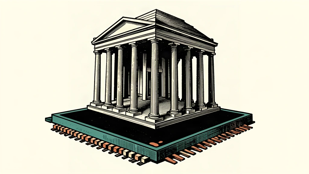 An editorial illustration of a memory chip acting as a foundation to lift a large classical stock exchange building.