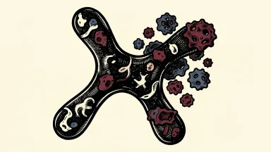 Genmab Rina-S ovarian cancer trial results: a large antibody molecule holds back a cluster of irregular dark cells.