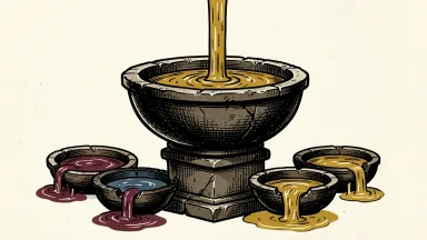 Goldman Sachs Private Credit Corp seeing strong inflows: a solid stone basin fills with liquid gold while neighboring basins drain out.