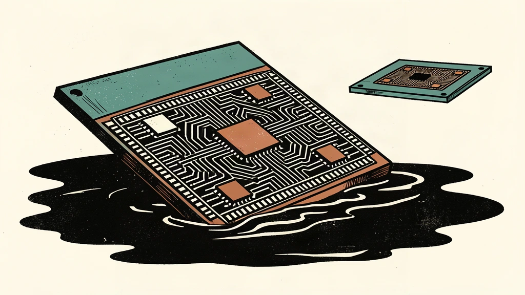 An editorial illustration of a large semiconductor chip tilting and sinking into a dark pool, representing a market decline.