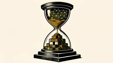AI-driven longevity gains supporting life insurers: an hourglass where digital patterns turn into solid blocks that reinforce a structural pillar.
