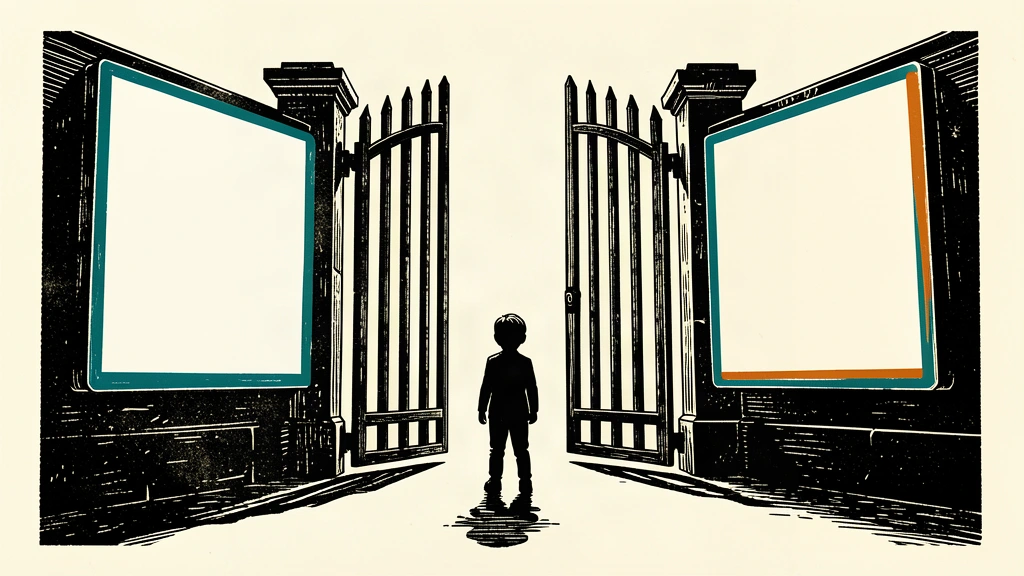 An editorial illustration showing a small child silhouette standing before a large, imposing gate that restricts access to two blank digital screens.