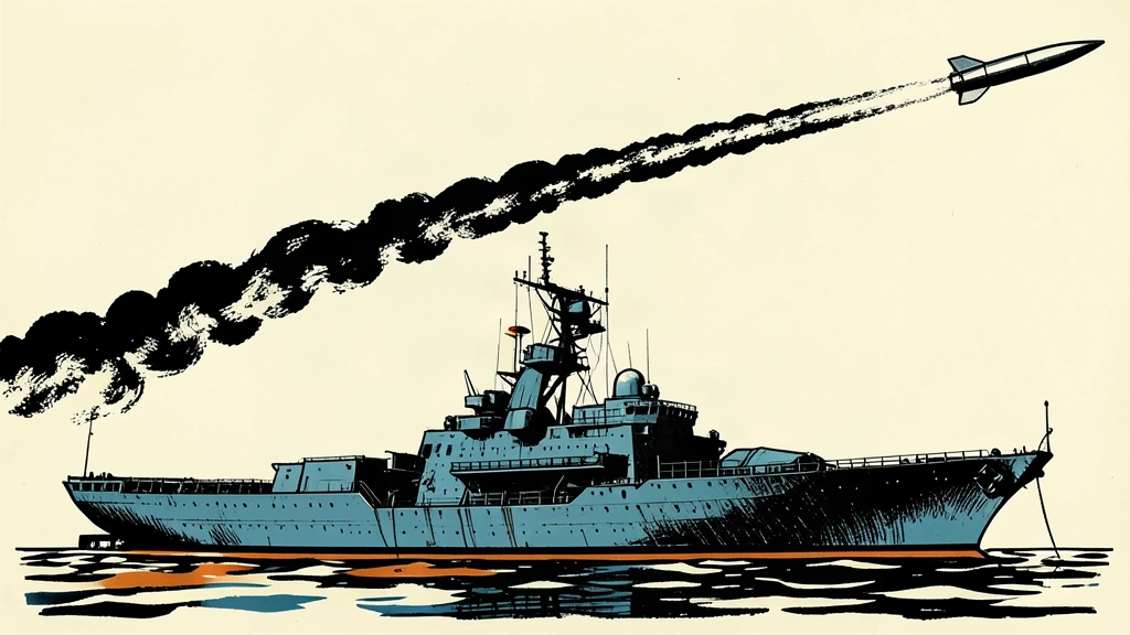 An editorial illustration showing a missile streaking through the sky directly over a large naval warship.