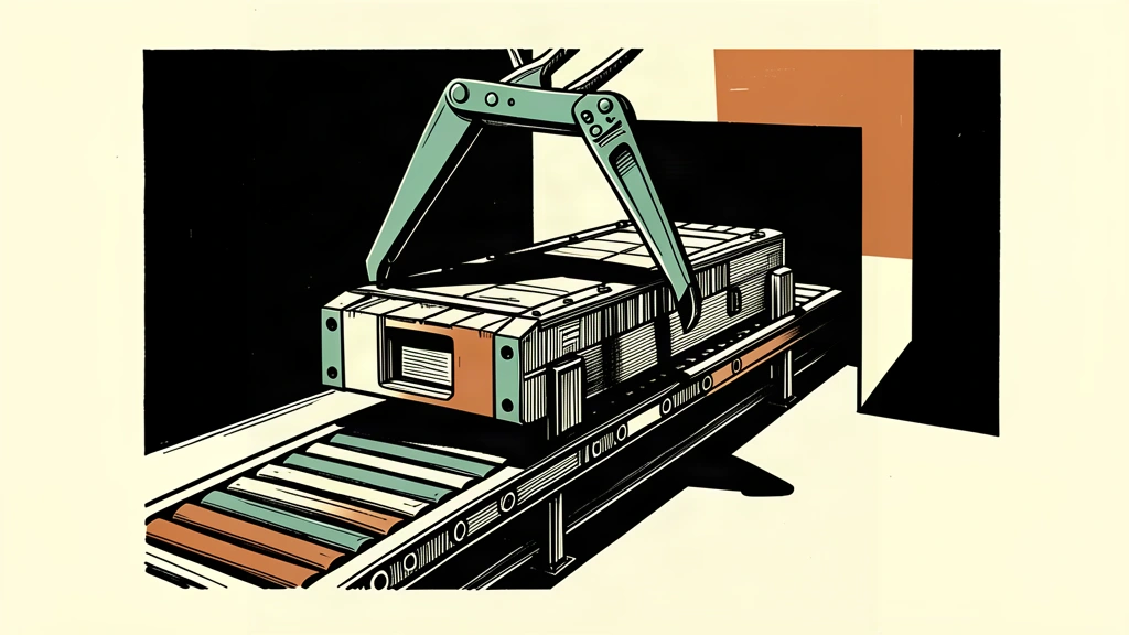 An editorial illustration showing a factory component on a conveyor belt being measured by large calipers.
