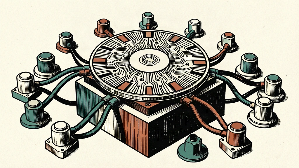 An editorial illustration showing a central semiconductor wafer providing connections to a surrounding network of pedestals, representing a self-sufficient hub supporting a global supply chain.