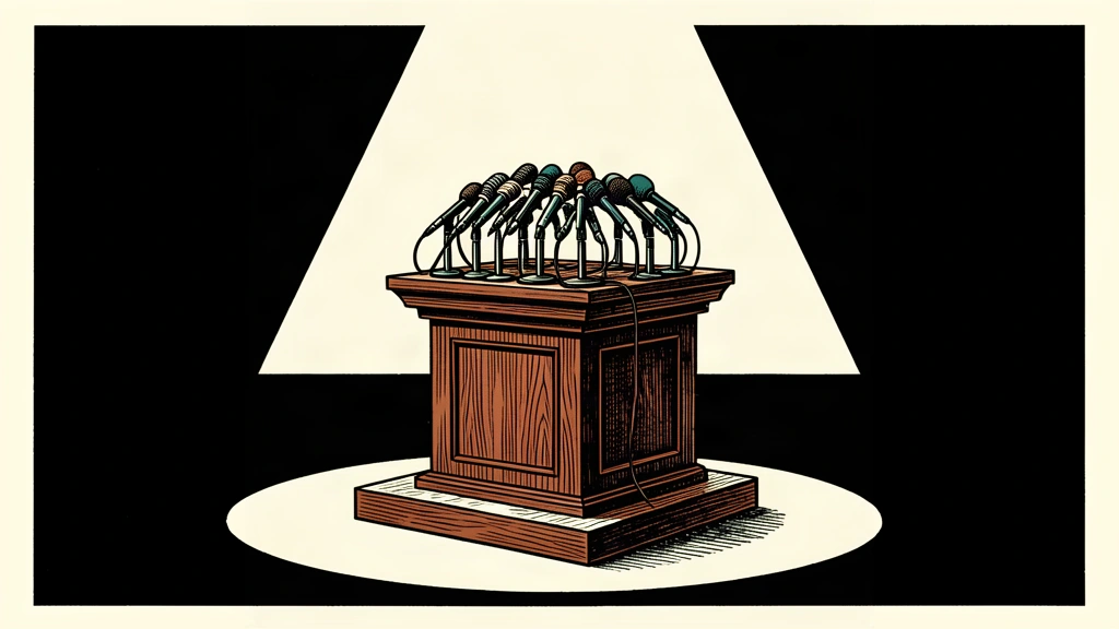 A solitary lectern with a cluster of microphones stands on a stage under a spotlight.
