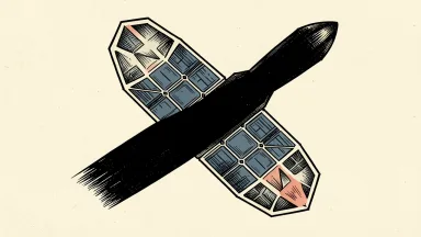 AST SpaceMobile facing competition from SpaceX: a large satellite array is partially covered by the shadow of a massive rising rocket.