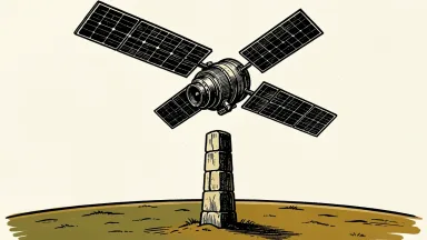 AST SpaceMobile price target maintained: a large satellite orbits above a solid stone pillar on the ground.