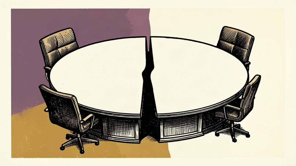 An editorial illustration of a divided circular summit table with a deep gap separating two empty chairs.