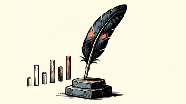 Thomson Reuters stock outperforming the market: a large quill pen stands tall on a stone base while surrounding market pillars descend.