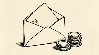 American Express price target cut to $400, shown as a credit card tilting downward from an envelope beside stacked coins.