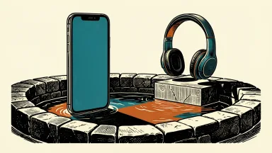 Apple ecosystem moat under threat from Meta: a smartphone protected by a stone moat as a headset's shadow forms a bridge across the water.
