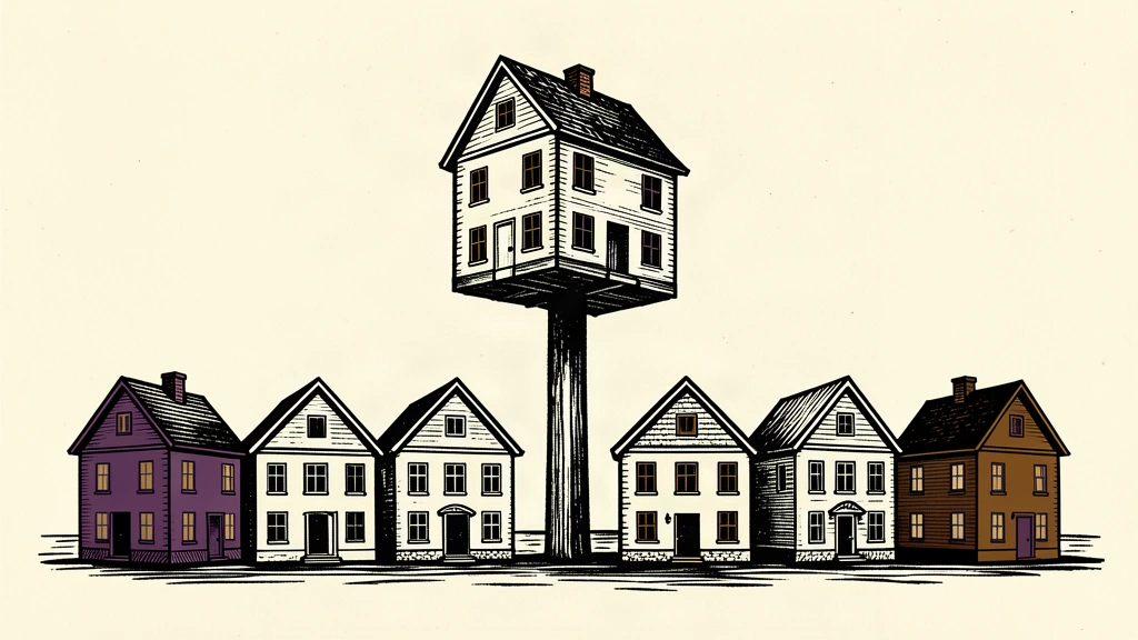 A conceptual illustration showing one house elevated high above six others to represent the UK's disproportionate mortgage rate rise.