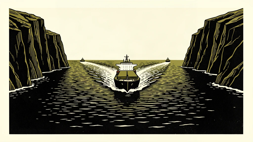 A single cargo ship moves through a narrow strait between two cliffs, with empty wakes suggesting missing traffic.