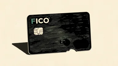 Fair Isaac (FICO) workforce reduction: a credit card with a small piece cut away while a larger shadow of a competitor looms over it.