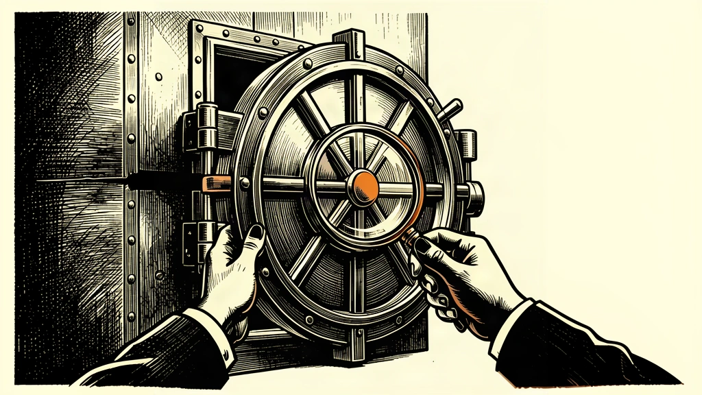 An editorial illustration showing a magnifying glass inspecting the hinges of a large, intact bank vault door.