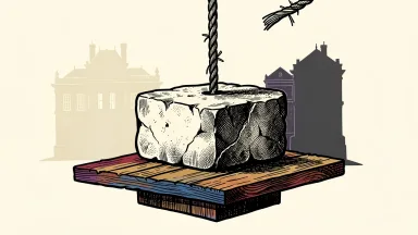 French bond yields rise amid budget concerns: a heavy stone block sits on a strained wooden platform with a frayed rope above it.