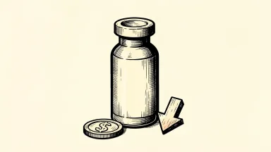 Legend Biotech price target cut by JP Morgan, shown as a vial with a downward arrow and a coin.