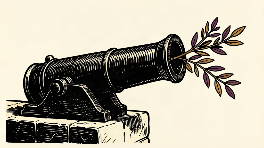 An editorial illustration showing a heavy black cannon with an olive branch resting in its barrel, symbolizing a call for dialogue over force.
