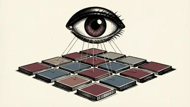 MSCI flags concerns over suspected coordinated trading: a large eye watches a grid of trading tiles being moved in unison by thin threads.