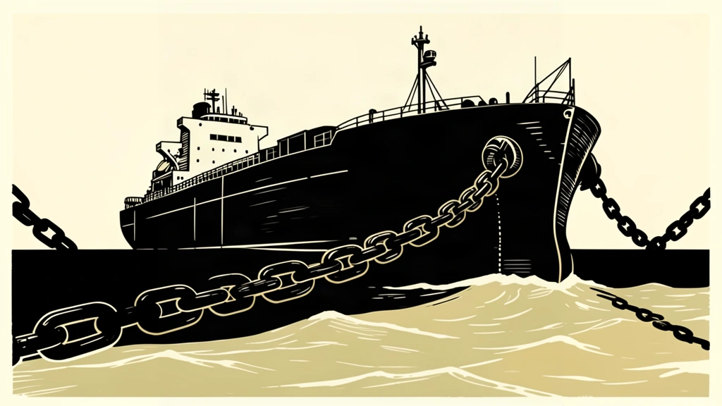 An editorial illustration of an oil tanker blocked by a massive black chain and a rising sea wall, representing sanctions enforcement.