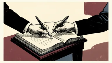 Omnicom Group appoints Jordan Farnam as Chief Accounting Officer: a fountain pen is handed over an open ledger book between two people.