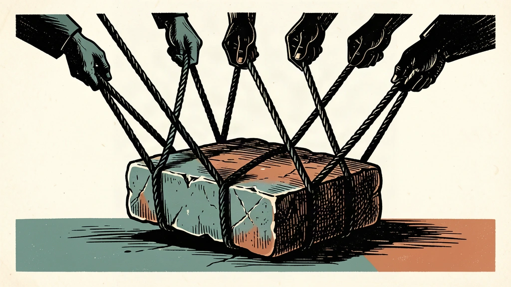 An editorial illustration showing several hands pulling ropes to lift a heavy stone block, symbolizing the legal effort to address historical labor issues.
