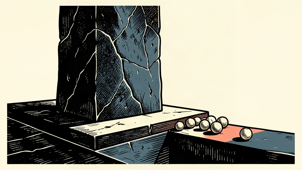 A conceptual illustration of a massive dark monolith casting a shadow across a gap toward a group of small, fragile spheres.
